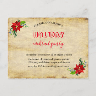 Postal De Invitación Ramo de poinsettia, fiesta de Navidad vintage