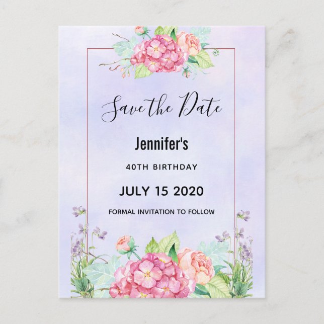 Postal De Invitación Ramo floral acuarela rosa moderno Save the Date (Anverso)