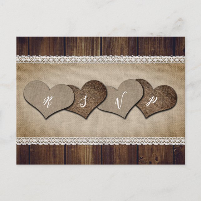 Postal De Invitación Rastic Country Wood Burlap y Lace Wedding RSVP (Anverso)
