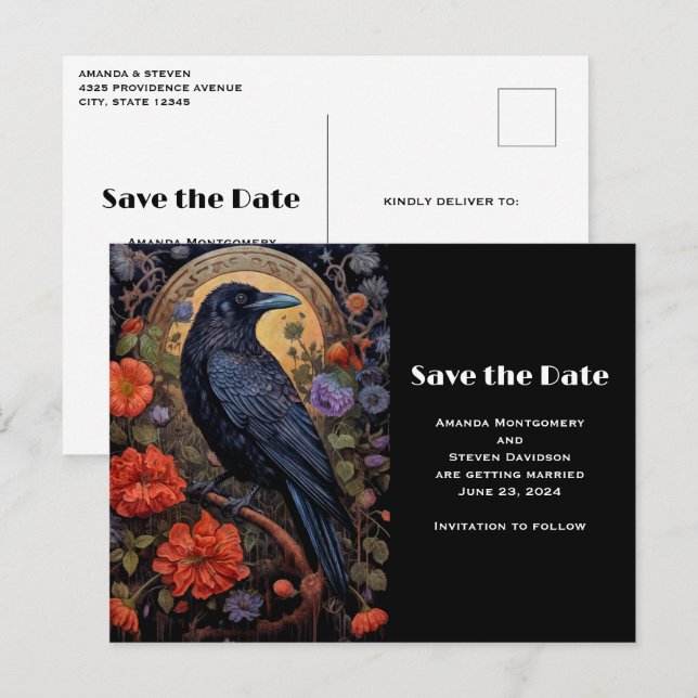 Postal De Invitación Raven negro con flores gótica salva la fecha (Anverso / Reverso)