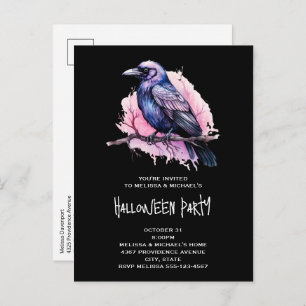 Postal De Invitación Raven negro en un Ilustracion de sucursal Hallowee