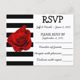 Postal De Invitación Rayas blancas y negras con RSVP de boda rosa roja