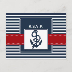 Postal De Invitación rayas de marina, ancla, rsvp de boda náutica