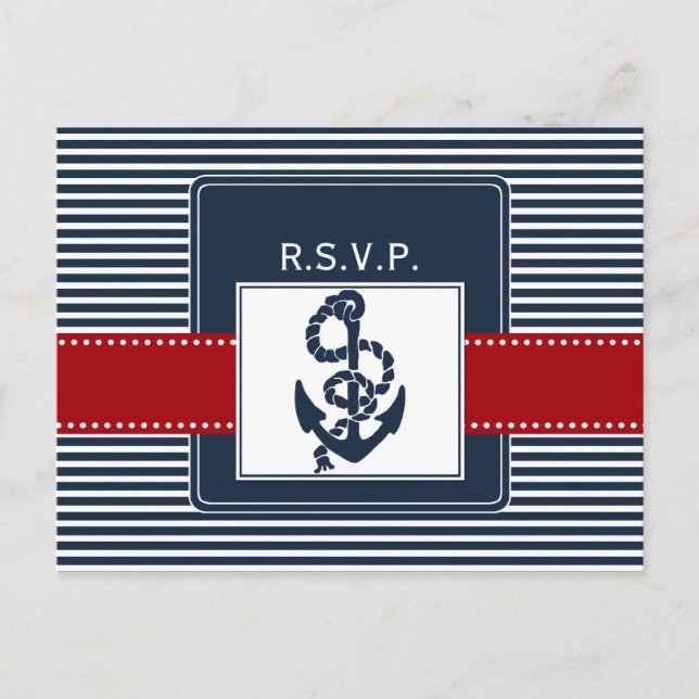 Postal De Invitación rayas de marina, ancla, rsvp de boda náutica (Anverso)