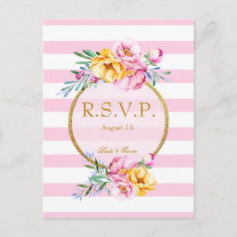 Postal De Invitación Rayas rosadas Marco dorado Boda de flor RSVP