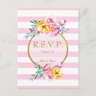 Postal De Invitación Rayas rosadas Marco dorado Boda de flor RSVP