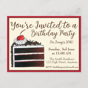 Postal De Invitación Rebanada de pastel de bosque negro de cereza Comid