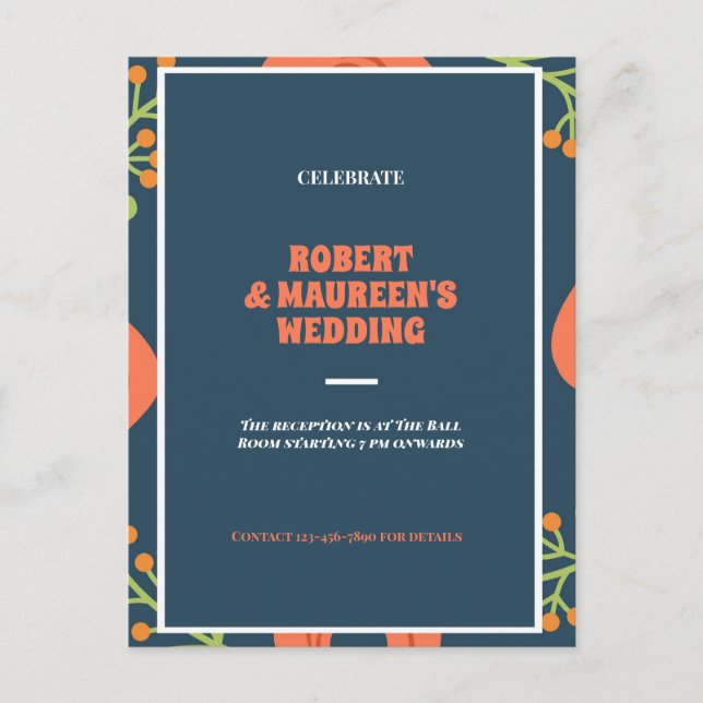 Postal De Invitación Recepción de boda floral azul marino y rojo (Anverso)