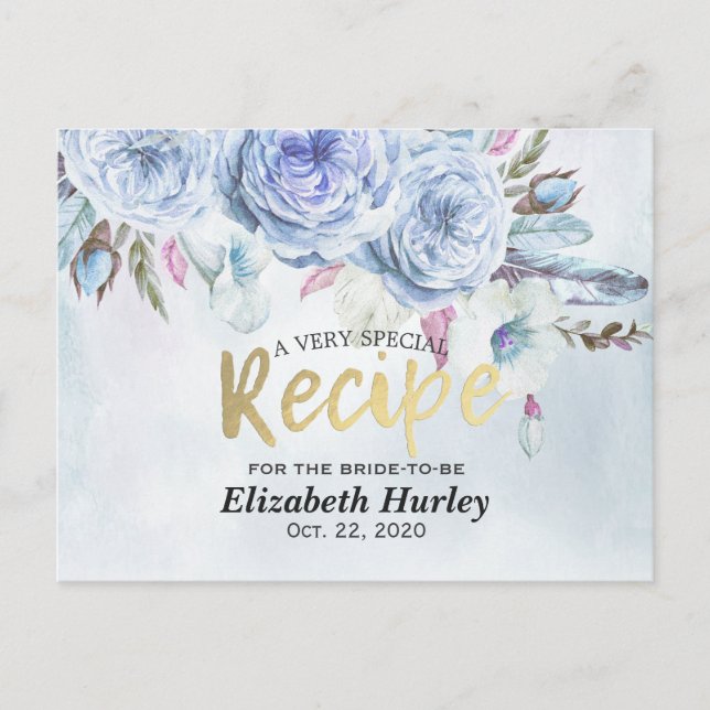 Postal De Invitación Receta de ducha de novia acuarela Floral y plumas (Anverso)
