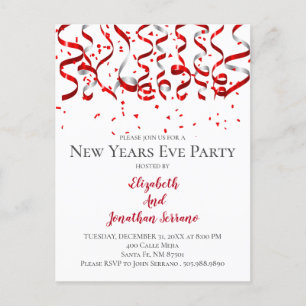 Postal De Invitación Red Confetti Y Streamers Fiesta De Nochevieja De A