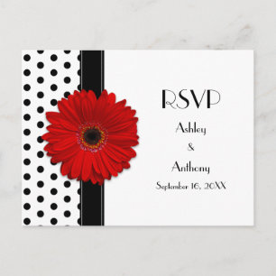 Postal De Invitación Red Daisy Black Polka Boda de puntos RSVP
