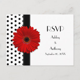 Postal De Invitación Red Daisy Black Polka Boda de puntos RSVP