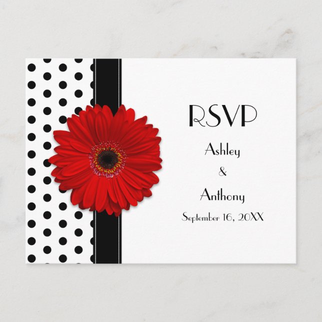 Postal De Invitación Red Daisy Black Polka Boda de puntos RSVP (Anverso)