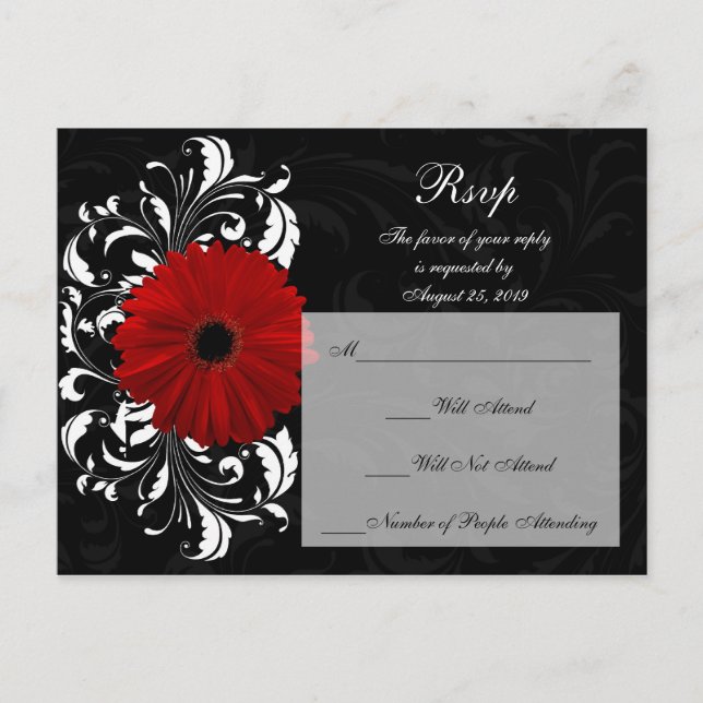 Postal De Invitación Red+Negro+Blanco Gerbera Daisy RSVP Respuesta (Anverso)