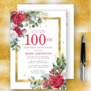 Postal De Invitación Red Rose Gold Holly 100 cumpleaños