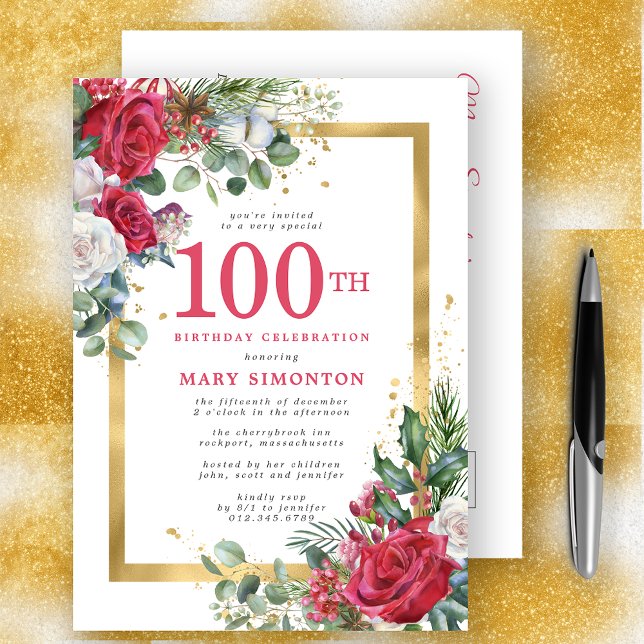 Postal De Invitación Red Rose Gold Holly 100 cumpleaños (Subido por el creador)