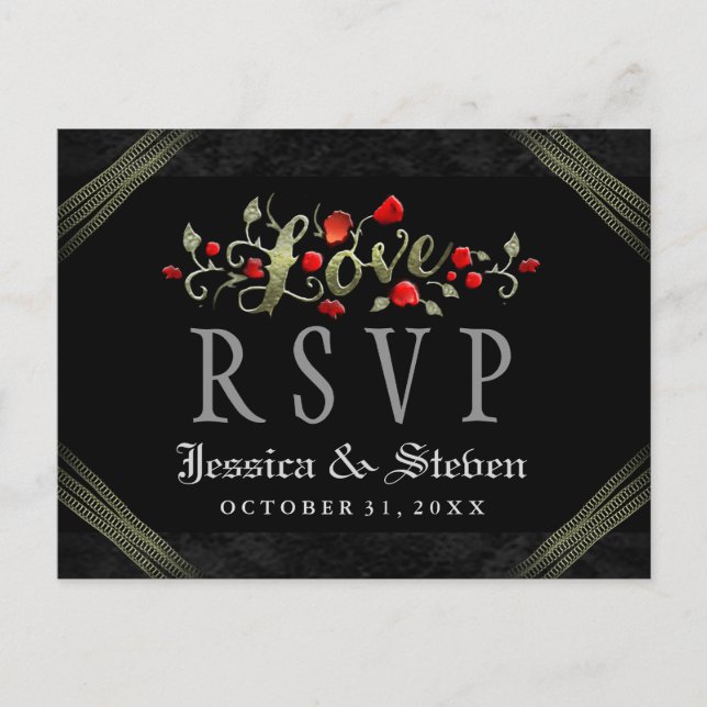 Postal De Invitación Red Roses Halloween AMOR Wedding RSVP PostCard (Anverso)