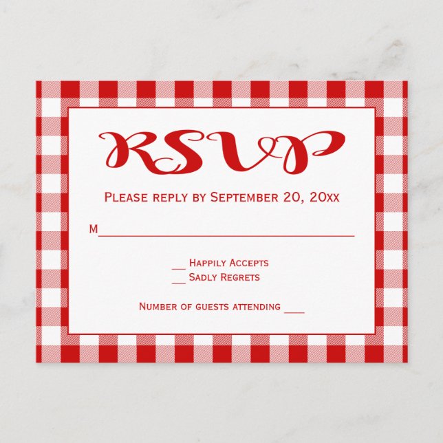 Postal De Invitación Red RSVP Gingham Plaid Checks Boda (Anverso)