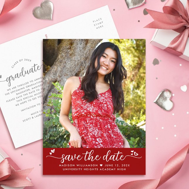 Postal De Invitación Red Save the Date Graduation Photo Script Hearts (Subido por el creador)