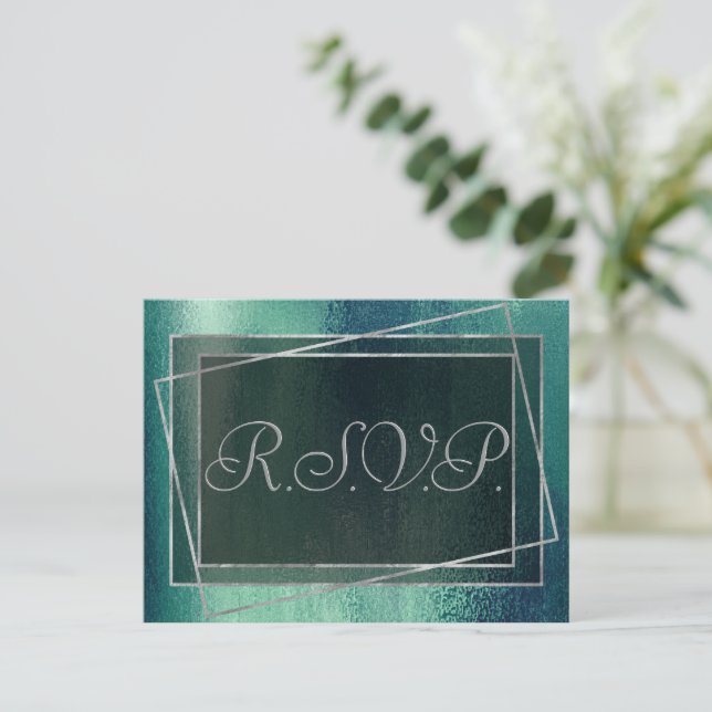 Postal De Invitación Relieve metalizado Glitzy | Sparkle Seafoam Green  (Anverso de pie)