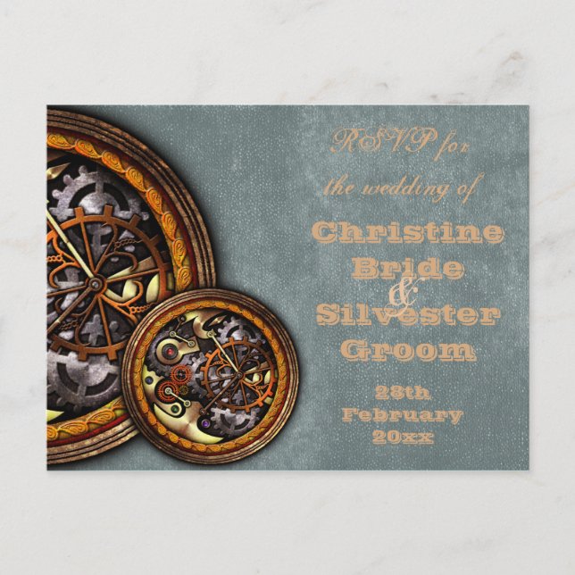 Postal De Invitación Reloj y cuero, boda RSVP (Anverso)