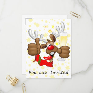 Postal De Invitación Reno Borracho Personaje Divertido de Navidad