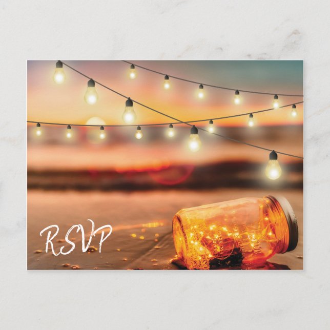 Postal De Invitación Respuesta Boda de Mason Jar, playa tropical de Sun (Anverso)