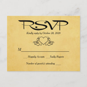 Postal De Invitación Respuesta Boda RSVP de Vintage Heart Gold y Black