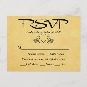 Postal De Invitación Respuesta Boda RSVP de Vintage Heart Gold y Black