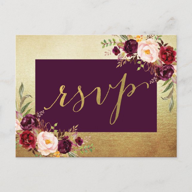 Postal De Invitación Respuesta de boda de Floral de acuarela con lámina (Anverso)
