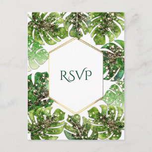 Postal De Invitación Respuesta de boda de hojas tropicales con brillo d