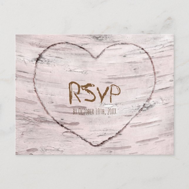 Postal De Invitación Respuesta de boda rústica de abedul y corazón (Anverso)