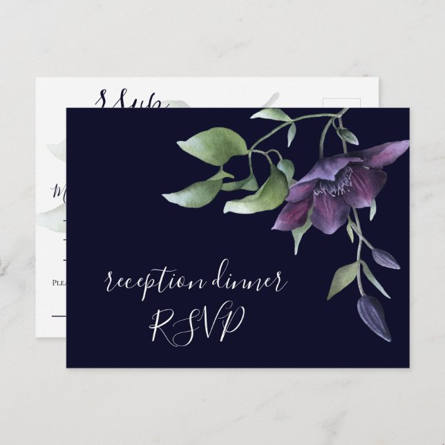 Postal De Invitación Respuesta de cena de recepción floral azul marino  (Anverso / Reverso)