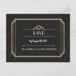 Postal De Invitación Respuesta de RSVP Boda Postcard Art Deco Gold
