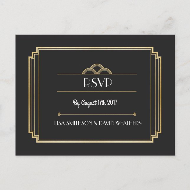 Postal De Invitación Respuesta de RSVP Boda Postcard Art Deco Gold (Anverso)