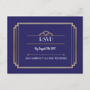 Postal De Invitación Respuesta de RSVP Boda Postcard Art Deco Naval Gol