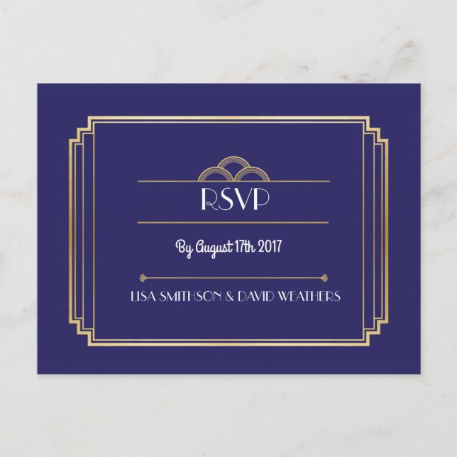 Postal De Invitación Respuesta de RSVP Boda Postcard Art Deco Naval Gol (Anverso)