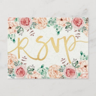 Postal De Invitación Respuesta de RSVP de boda con guión dorado y flora