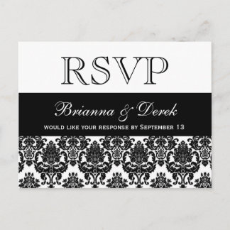 Postal De Invitación Respuesta del Boda RSVP de Damask blanco negro V01