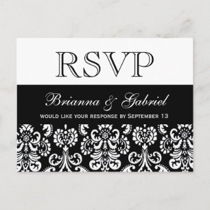 Postal De Invitación Respuesta del Boda RSVP de Damask de Black White H