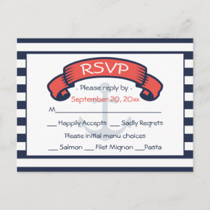 Postal De Invitación Respuesta náutica boda rayas azul marino ancla
