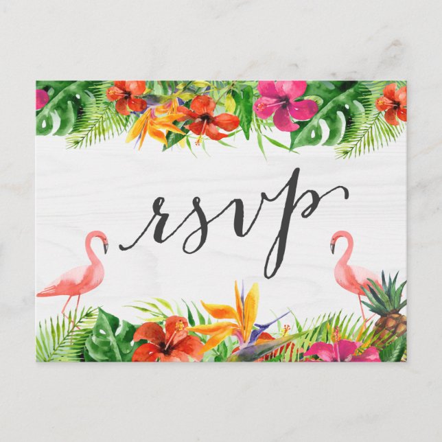 Postal De Invitación Respuesta RSVP de Hibiscus Floral Flamingo Tropica (Anverso)