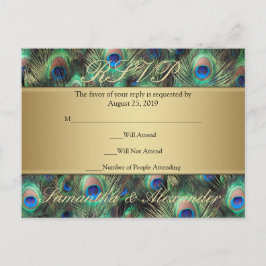 Postal De Invitación Respuesta RSVP de la pluma de pavo real dorado