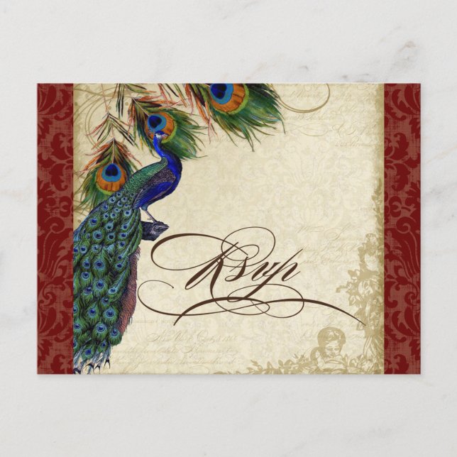 Postal De Invitación Respuesta RSVP de matrimonio formal de pavo real y (Anverso)