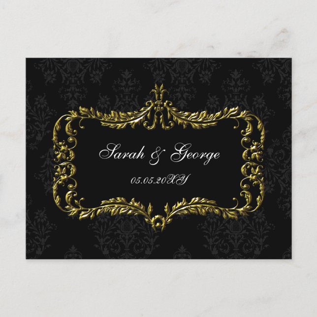Postal De Invitación retorcido regal damasco negro y oro rsvp (Anverso)