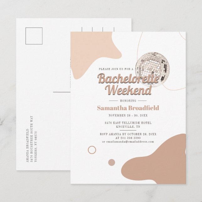 Postal De Invitación Retro Bachelorette Weekend Disco Fiesta (Anverso / Reverso)