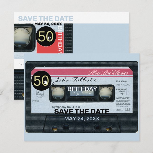 Postal De Invitación Retro C Audiotape 50ª fiesta de cumpleaños Save Da (Anverso / Reverso)