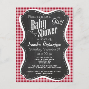 Postal De Invitación Retro Chalkboard; Carmine Red Gingham; Checkered
