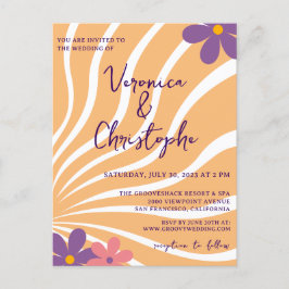 Postal De Invitación Retro Groovy Naranja Boda Purple Floral