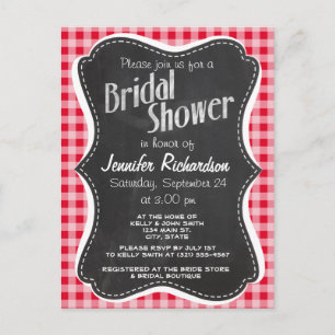 Postal De Invitación Retro Scarlet Red Gingham; aspecto de Chalkboard